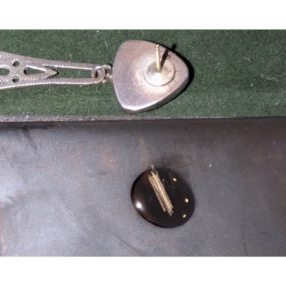 Vtg Tabra 14K Gold Post 925 Sterling Silver Carved Onyx Drop Earrings 18.34g - Picture 7 of 13